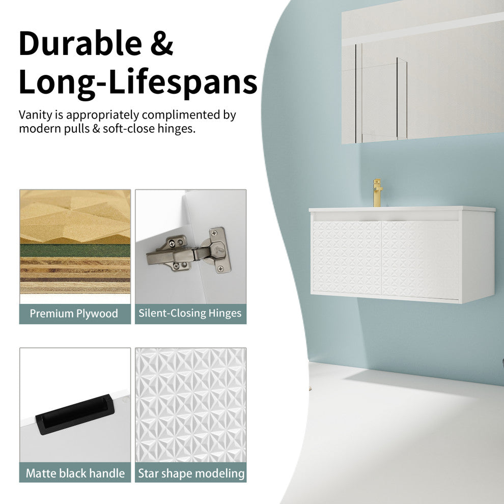 36" Wall Mounted Bath Vanity Set, White, Integrated Resin Sink