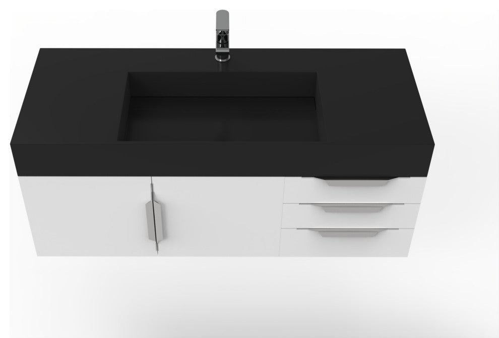 CastelloUSA Amazon 48" Wall Mounted Vanity Set, White, Black Top, Chrome Handles