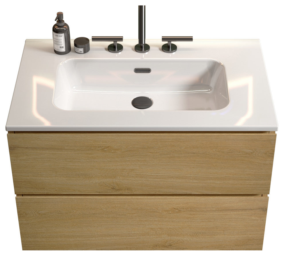 Wall-Mounted Bathroom Vanity Set with Ceramic Sink with three faucet holes, Oak, 30"