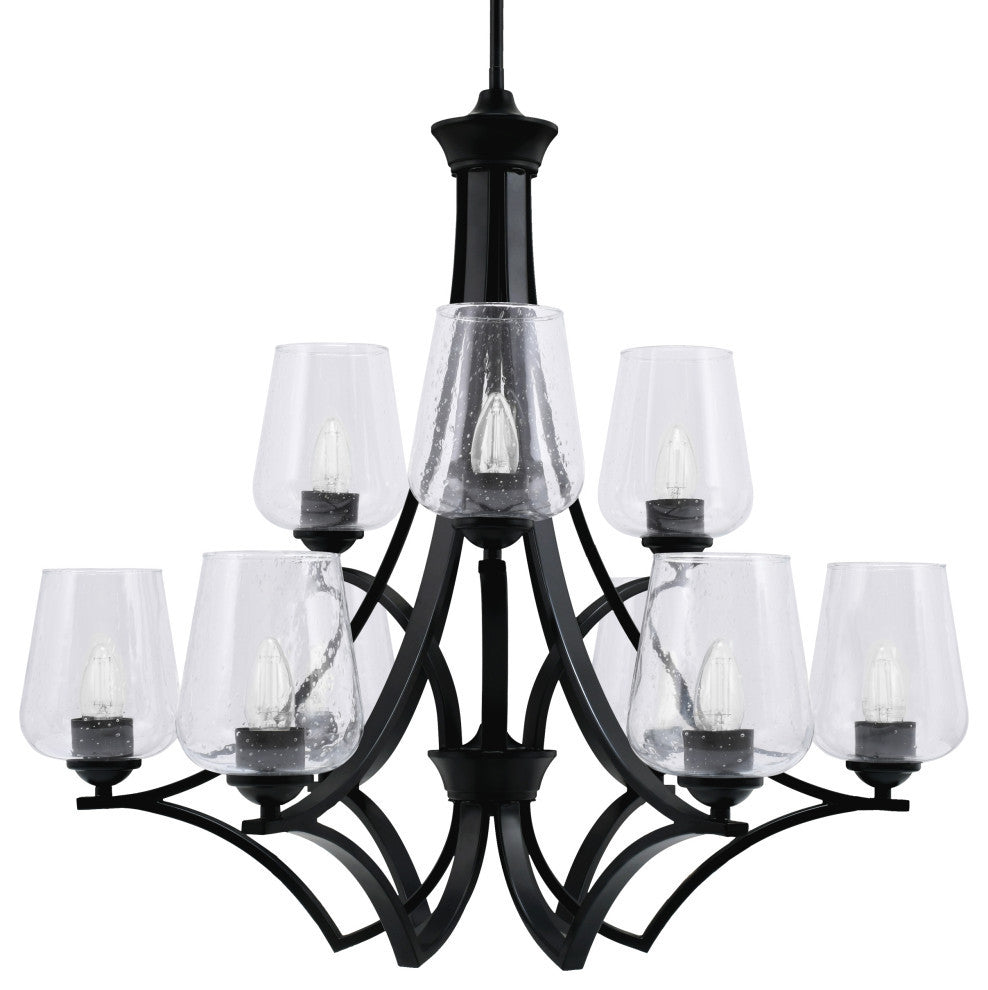 Zilo, 9 Light, Chandelier, Matte Black Finish With 5" Clear Bubble Glass