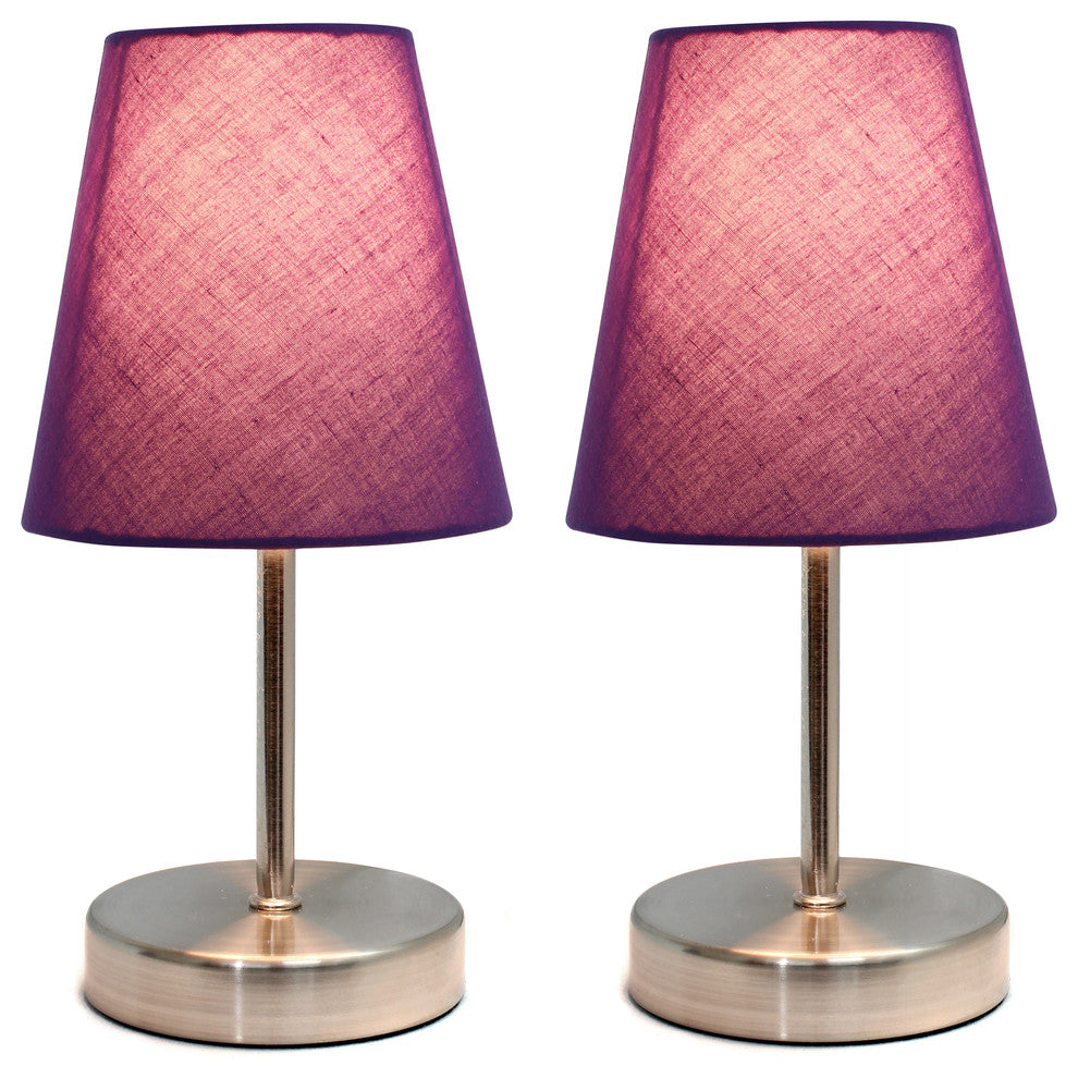 Simple Designs Sand Nickel Mini Basic Table Lamps, Fabric Purple 2-Pack Set