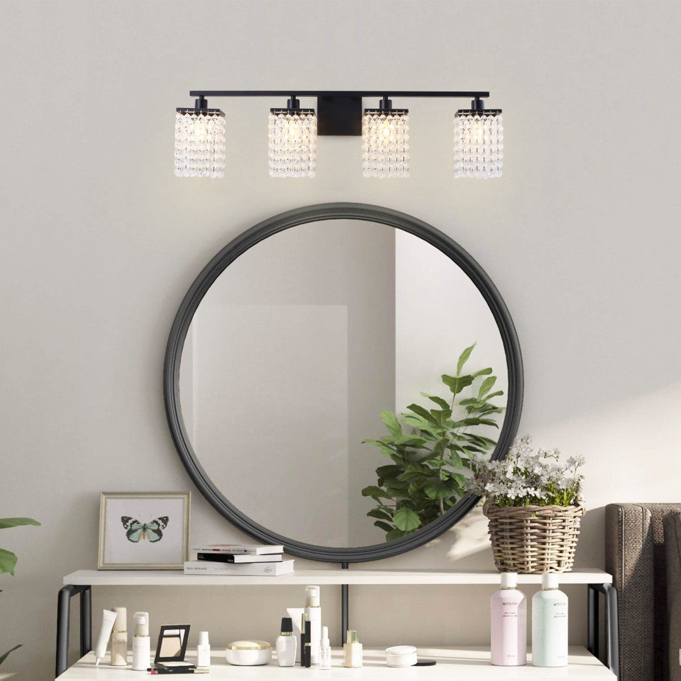 Modern Black Finish Crystal Style Bathroom Vanity Light, 4-Light