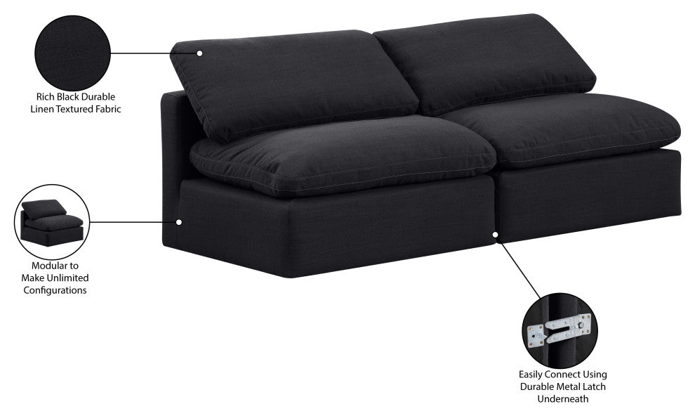 Indulge Upholstered Modular Sofa, Black, 2-Piece: 2 Armless Chair, Down Stuffed Linen Textured Fabric