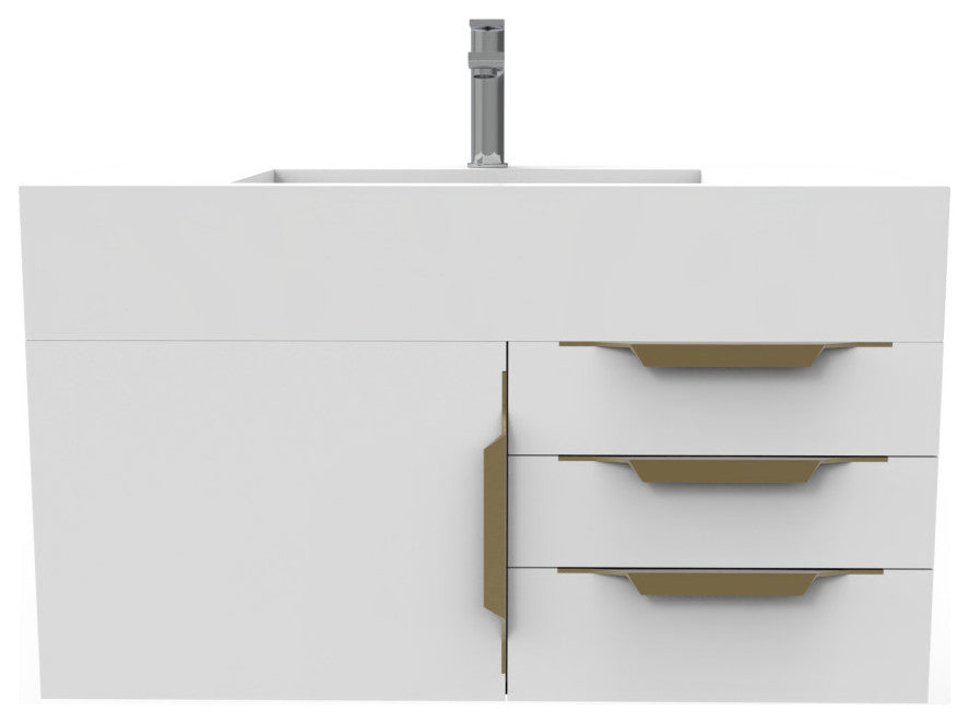 CastelloUSA Nile 36" Wall Mounted Vanity Set, White, White Top, Gold Handles