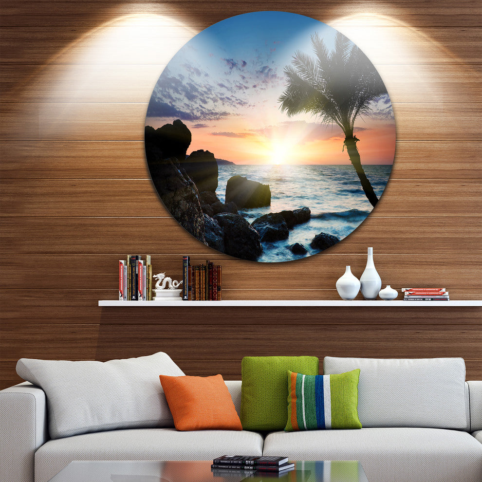 Lonely Palm Tree On Rocky Beach, Seashore Round Metal Wall Art, 23"