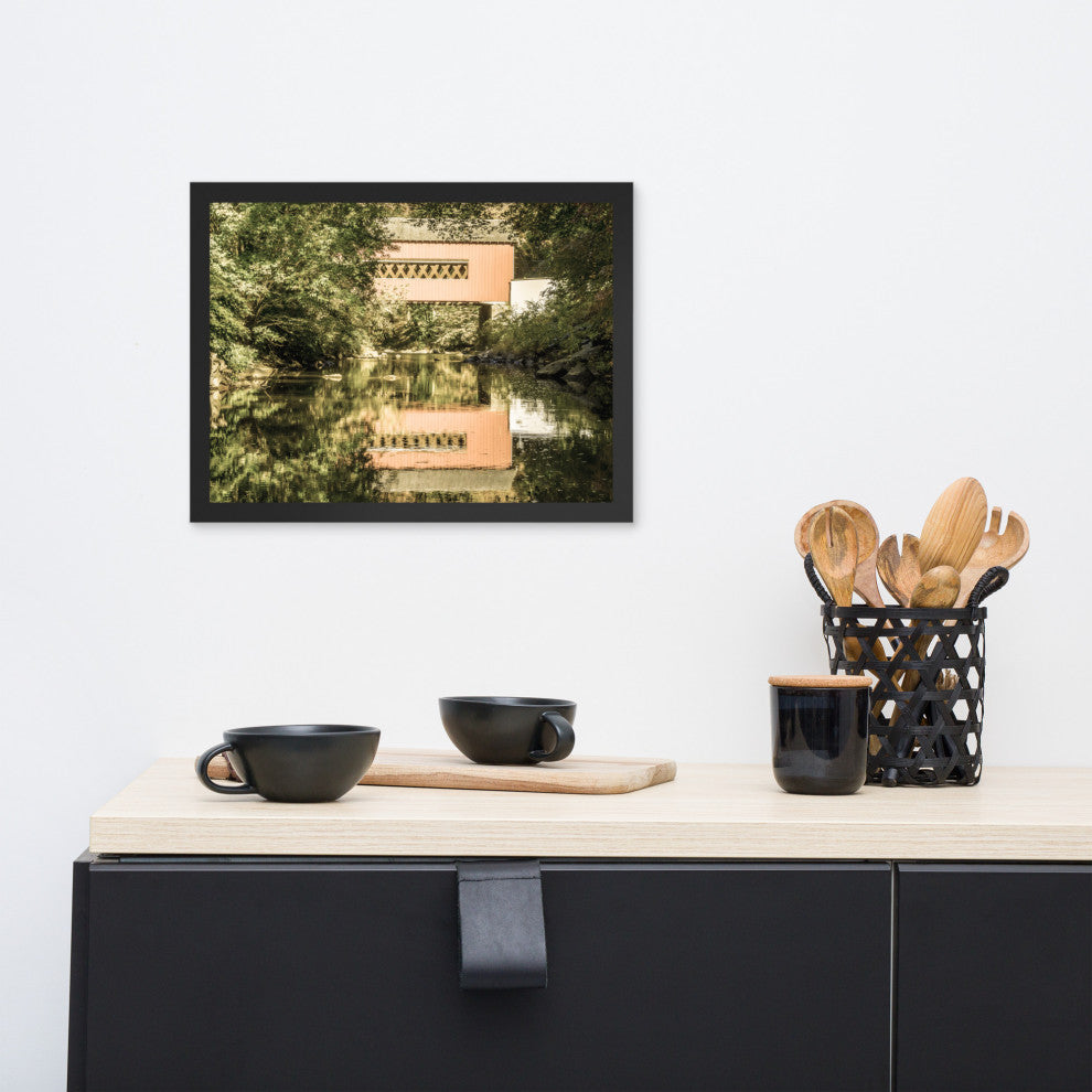 The Reflections of Wooddale Covered Bridge Aged Framed Photo Wall Art Print, Black, 12" X 16"