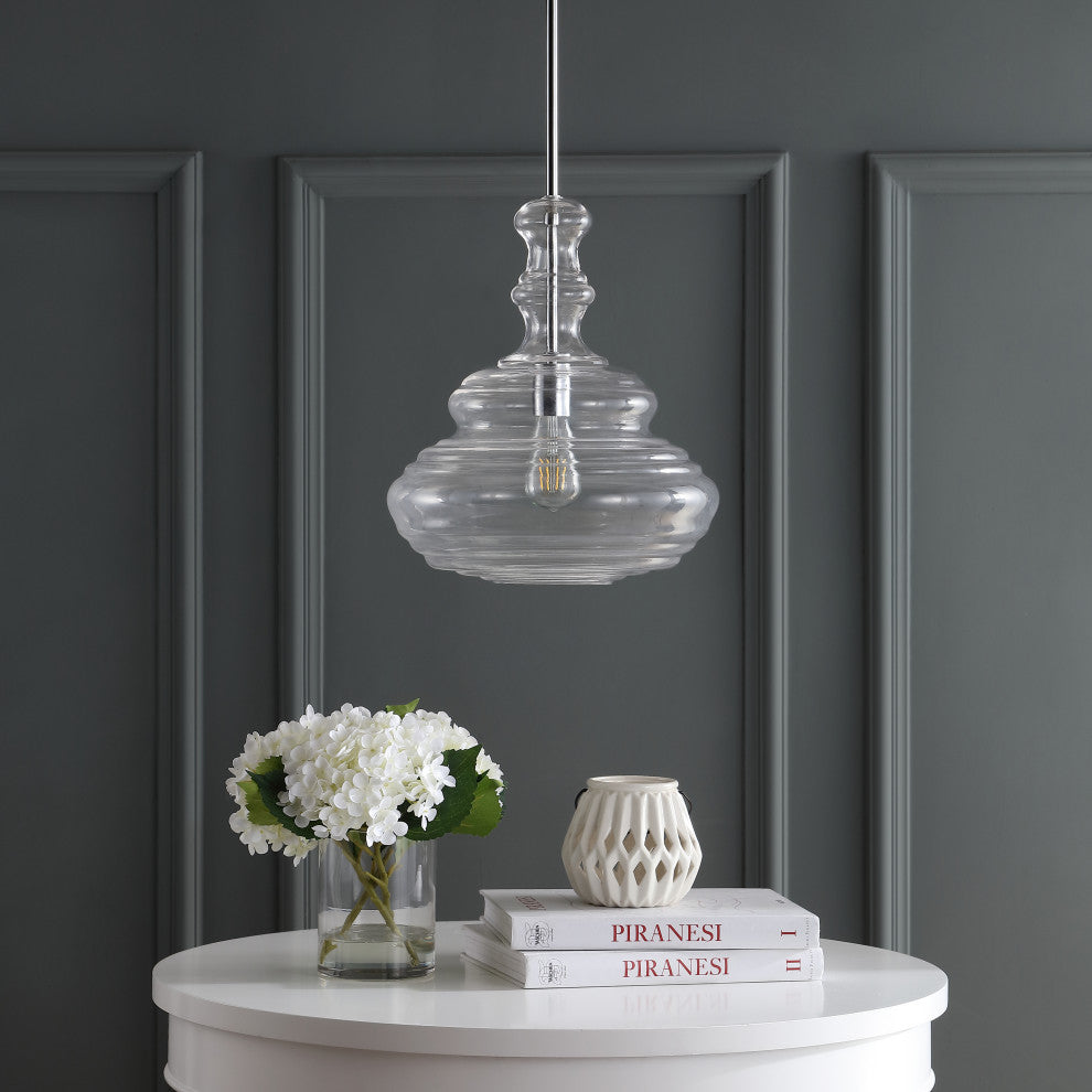 Bettina 13.37" Glass and Metal LED Pendant, Clear, Chrome