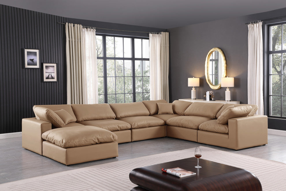 Comfy Upholstered U-Shaped Modular Sectional, Tan, 7-Piece: 3 Armless Chair, 3 Corner Chair, 1 Ottoman, Vegan Leather