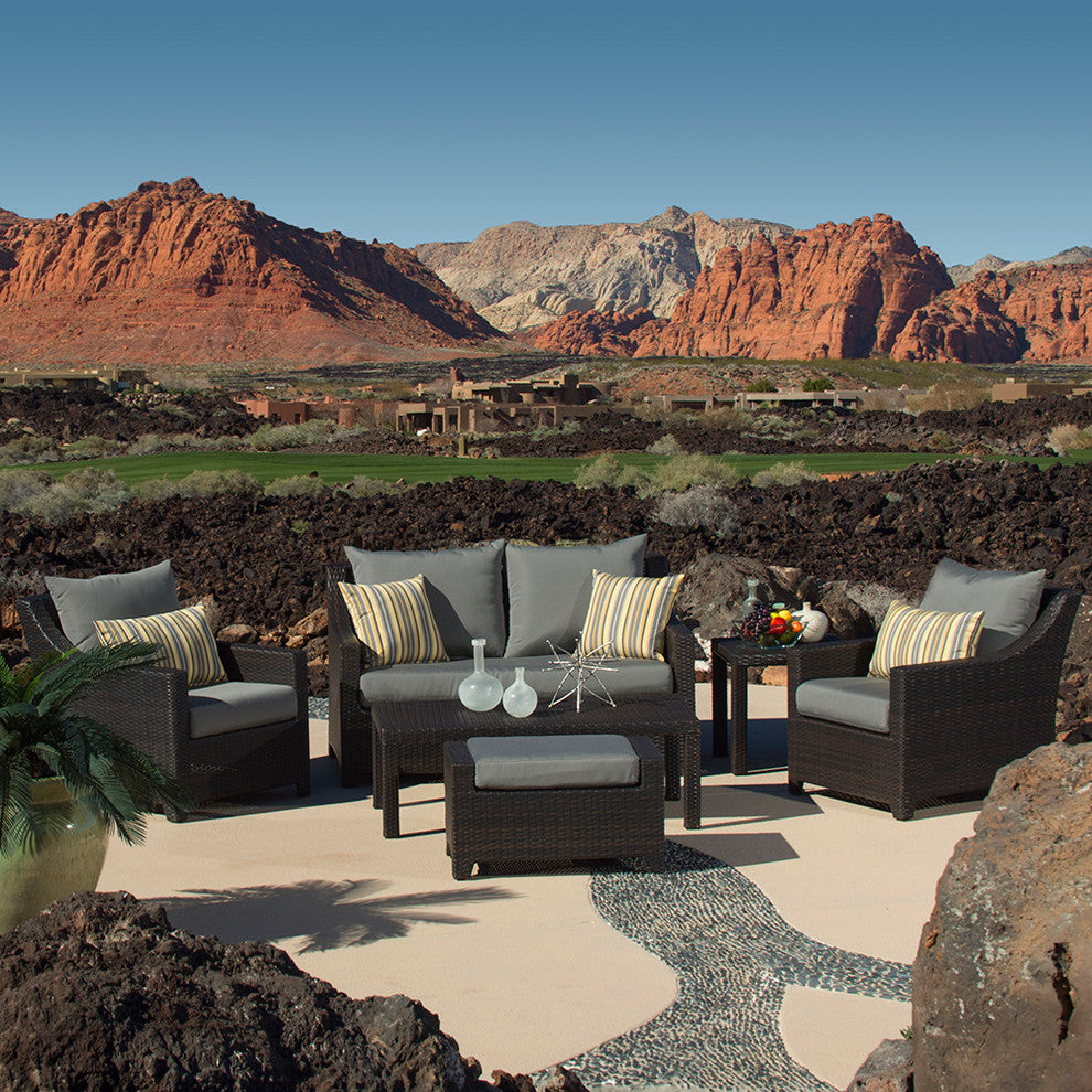 Deco 6 Piece Sunbrella Outdoor Love and Club Deep Seating Set, Charcoal Gray