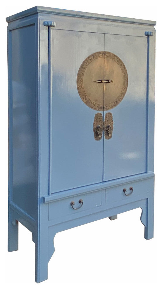 Chinese Oriental Light Blue Moon Face Tall Wedding Armoire Cabinet Hcs7084