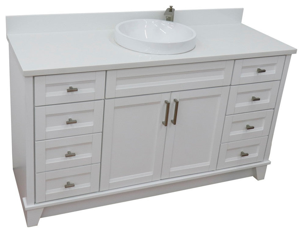 61" Single Sink Vanity, White Finish And Engineered Stone Top And Round Sink