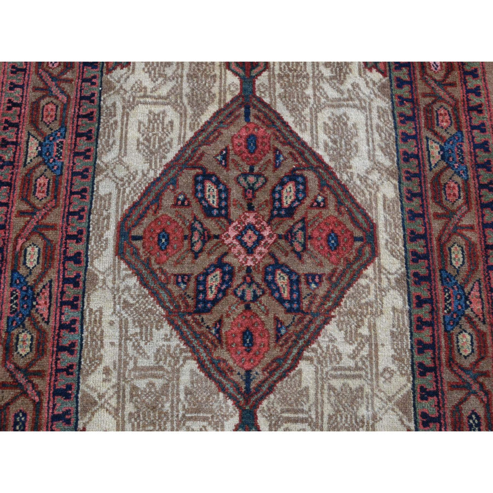 Taupe Brown, Antique Persian Pure Wool, Hand Knotted Runner Rug, 3'2"x14'10"