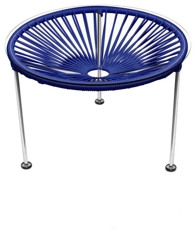 Zicatela Indoor/Outdoor Handmade Side Table, Deep Blue Weave, Chrome Frame