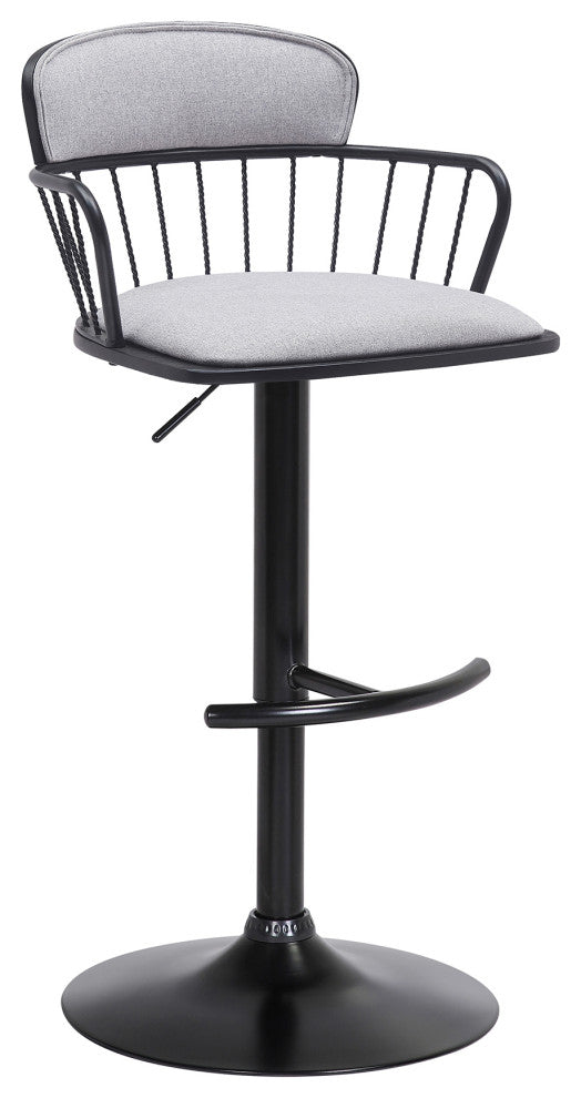 Nash Adjustable Black Wood Bar Stool, Blue Fabric With Black Metal, Light Gray