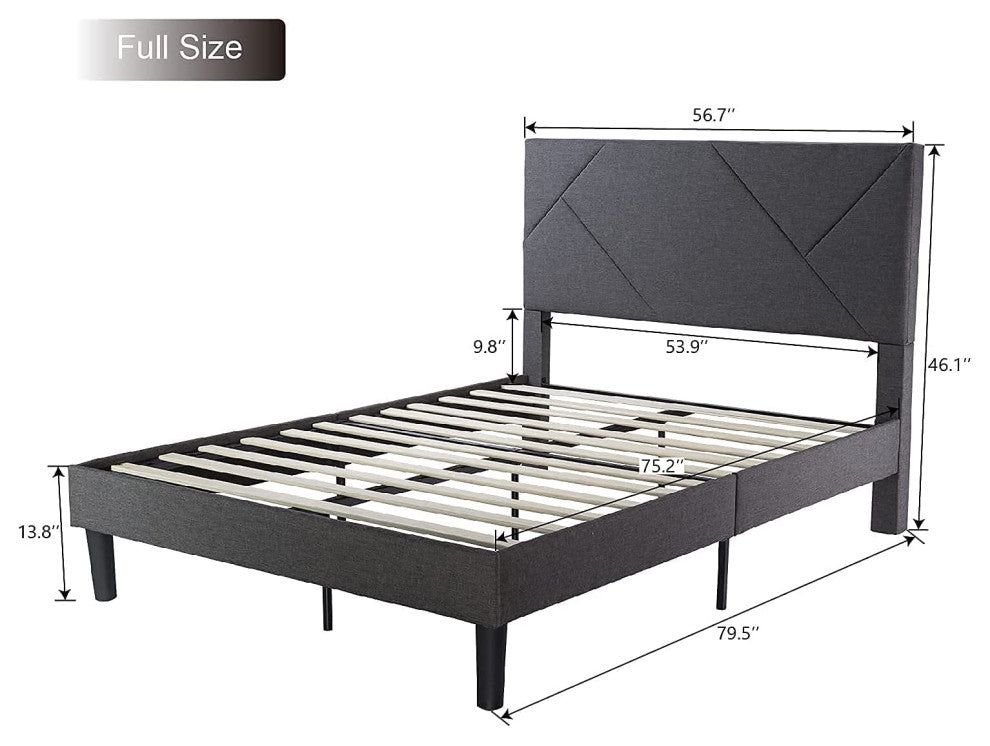 Full Size Metal Bed Frame with Geometric Upholstered Headboard