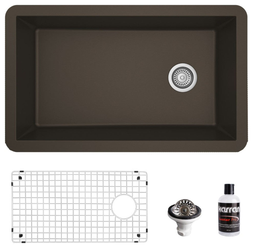 Karran Undermount Quartz 32" Single Bowl Kitchen Sink Kit, Brown
