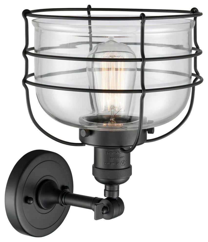 1-Light Large Bell Cage 8" Sconce, Matte Black, Glass: Clear