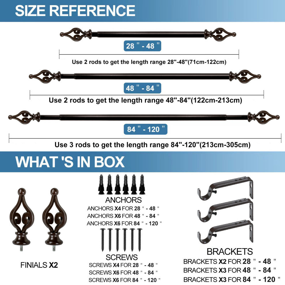1" Portia Drapery Curtain Rod, Bronze, 48"-84"