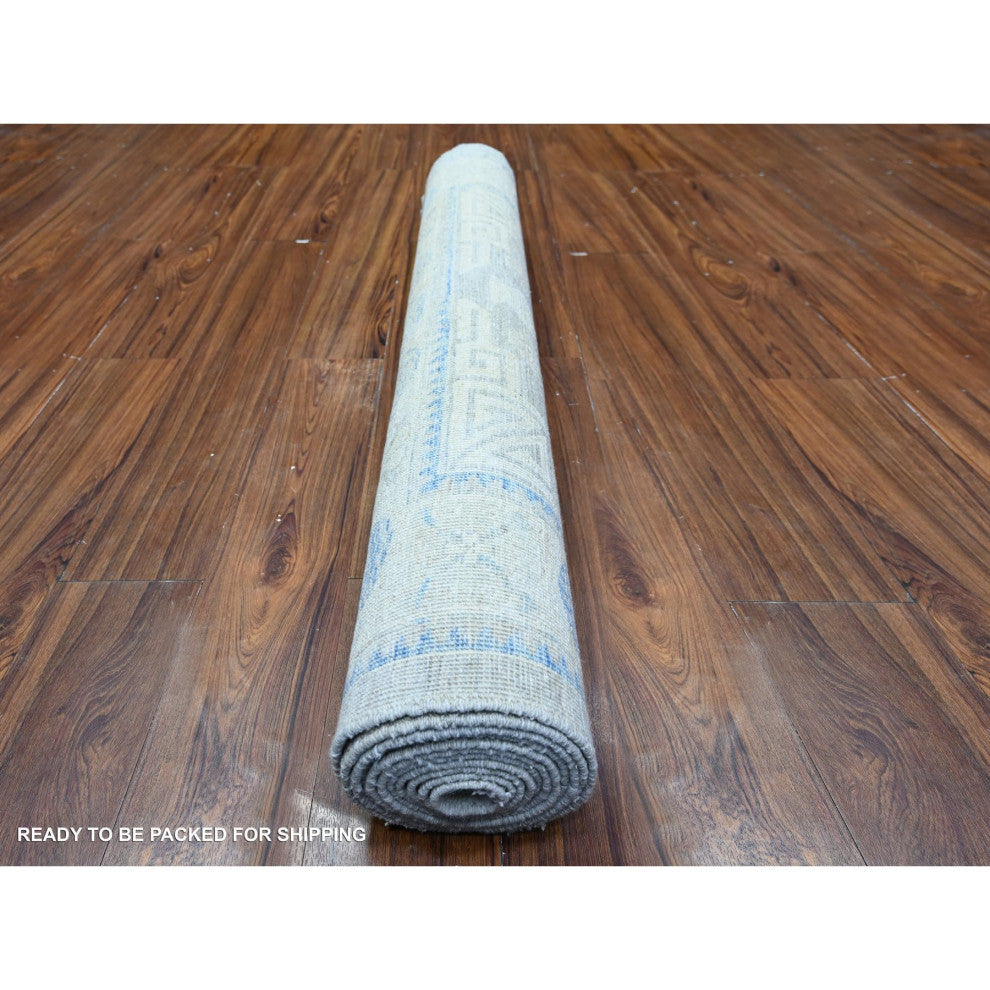 Gray Hand Knotted Washed Out Khotan Pomegranate Wool Runner Rug 3'11"x12'1"