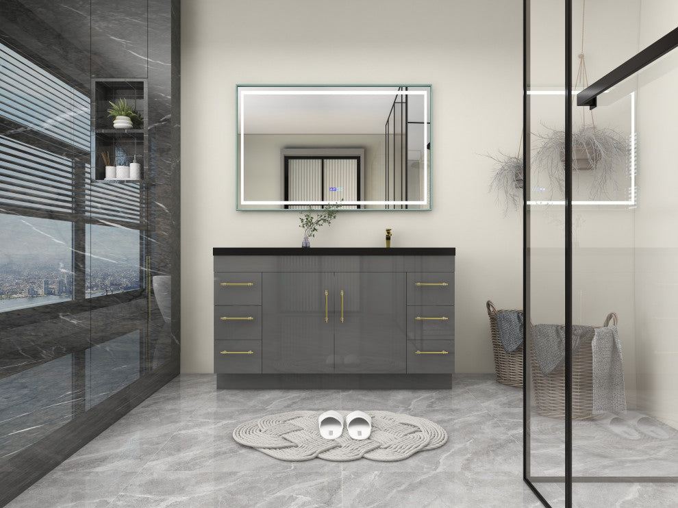 Rosa 60" Free Standing Modern Vanity, High Gloss Gray, Matt Black Top