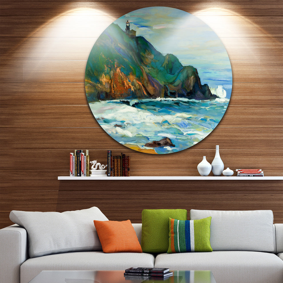 Lighthouse, Landscape Painting Disc Metal Wall Art, 23"