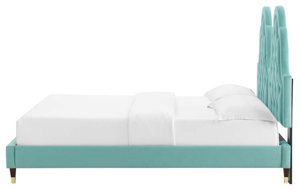 Tufted Platform Bed Frame, Twin Size, Velvet, Blue, Modern Contemporary, Bedroom