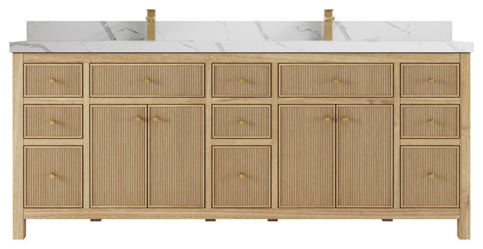 Sonoma 84 Double Sink Bath Vanity in Light Natural Teak with 2" Calacatta Laza