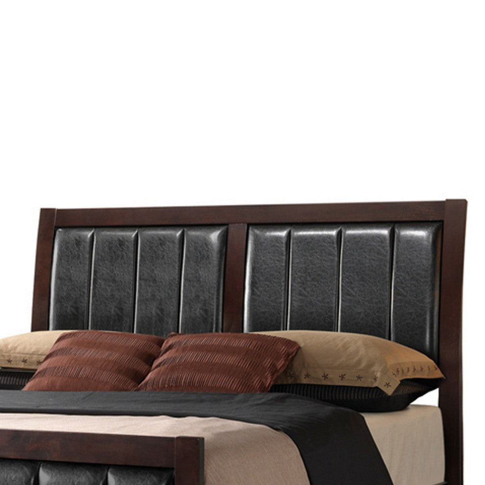 Benzara BM216113 Leatherette Padded Queen Size Bed With Vertical Channels, Brown