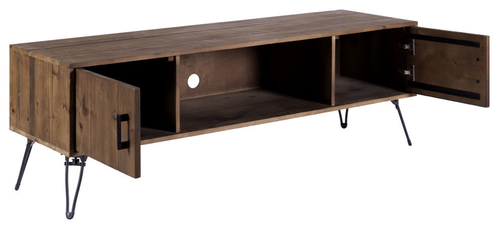 Benzara UPT-273092 Wood Rectangle TV Stand Media Console, 2 Doors, Natural Brown