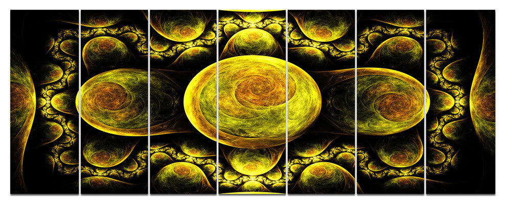 Yellow Exotic Fractal Pattern, Abstract Art on Canvas, 83"x32", 7 Panels