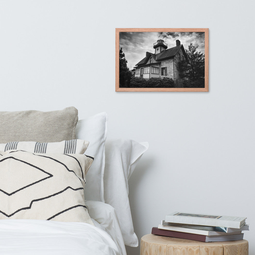 Cedar Point Lighthouse in Black and White Framed Photo Paper Wall Art Prints, Red Oak, 12" X 18"