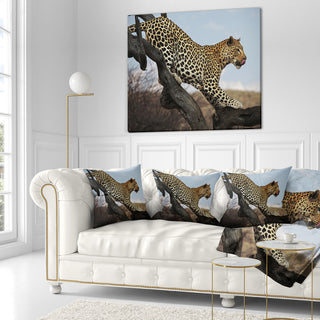 Leopard Walking On Tree African Throw Pillow, 18"x18"
