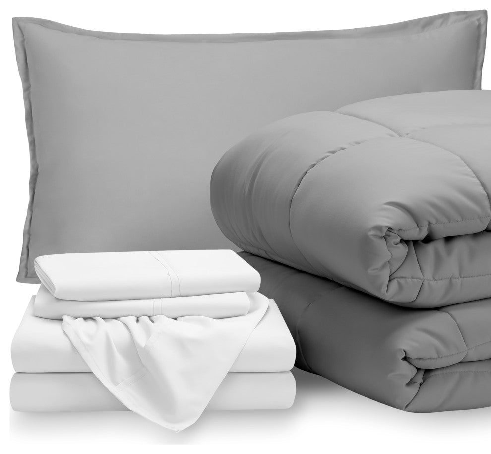 Bare Home 5-Piece Twin Bed-in-a-Bag, Light Gray, White