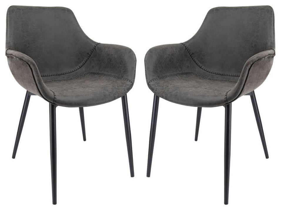 LeisureMod Markley Modern Leather Dining Arm Chair With Metal Legs Set of 2...