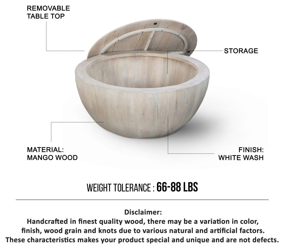 37" Round Coffee Table Handcrafted Drum Shape With Storage Washed White