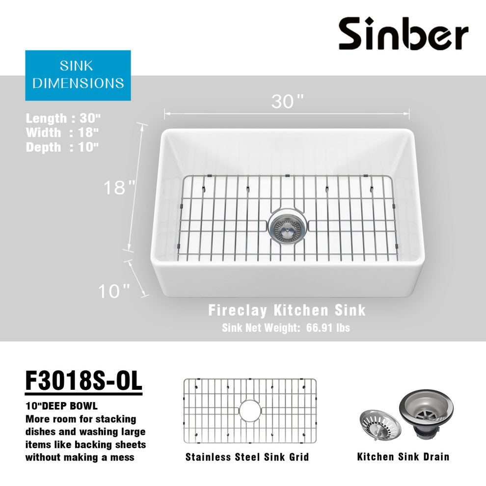 Sinber Farmhouse Apron Single Bowl Kitchen Sink with Fireclay 2 Accessories, White, 30" X 18"