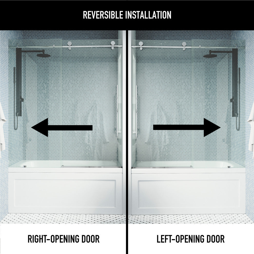 VIGO Elan E-Class 56" to 60" W x 66" H Frameless Sliding Tub Door, Chrome, Clear Glass