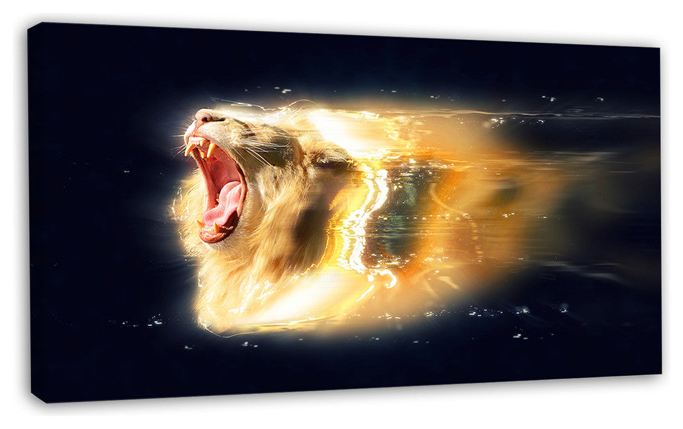 White Lion with Open Jaws, Animal Canvas Wall Art, 32"x16"