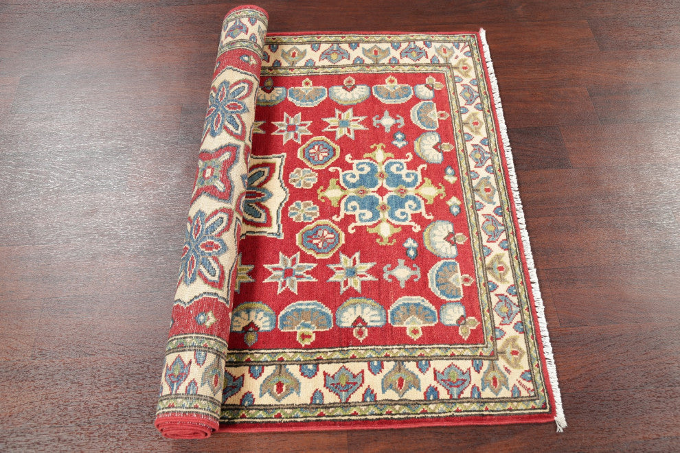 Kazak Oriental Traditional Hand Made Pakistani Area Rug, Red, 4'11"x3'4