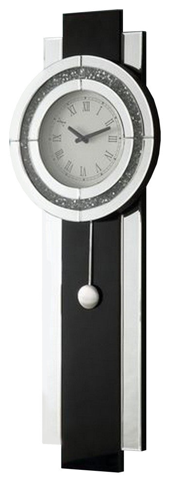 Benzara BM268981 Pendulum Wall Clock With Mirror Trim and Round Shape, Silver