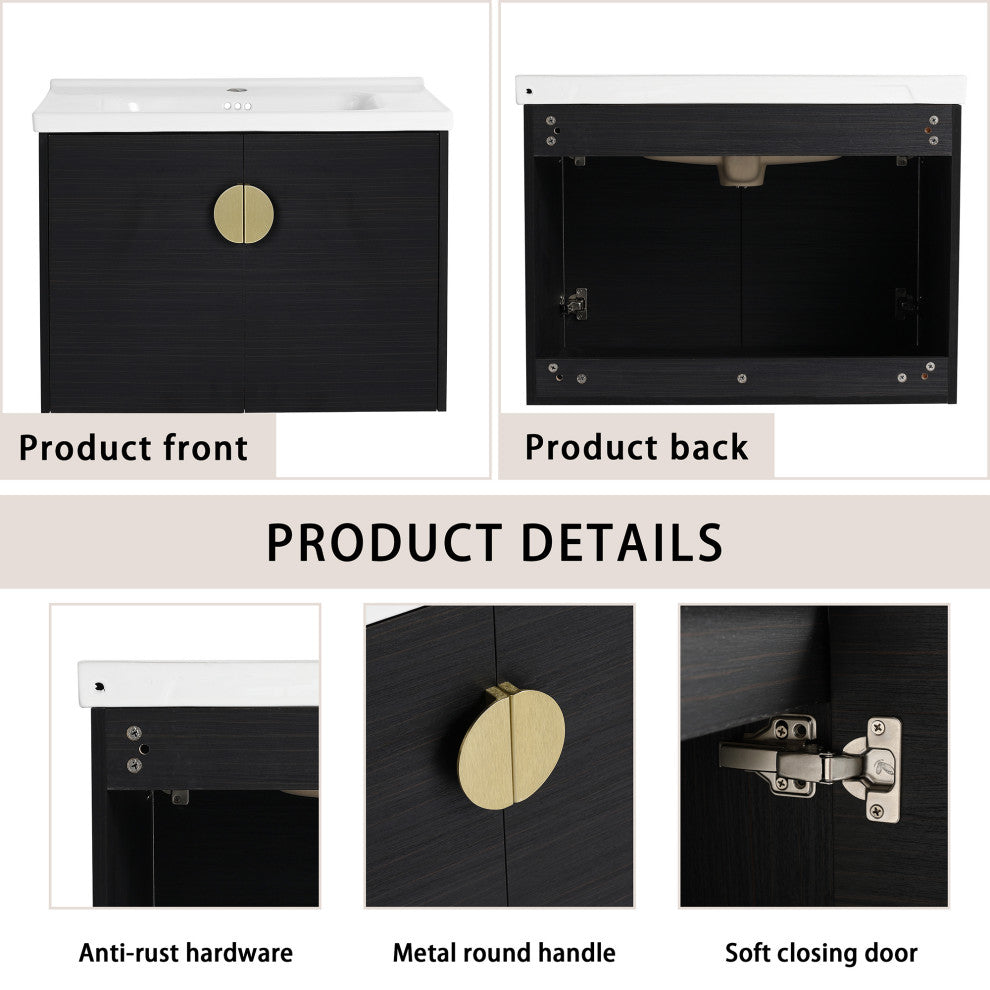 28" Plywood Wall Mounted Bath Vanity Set, Black, Ceramic Basin