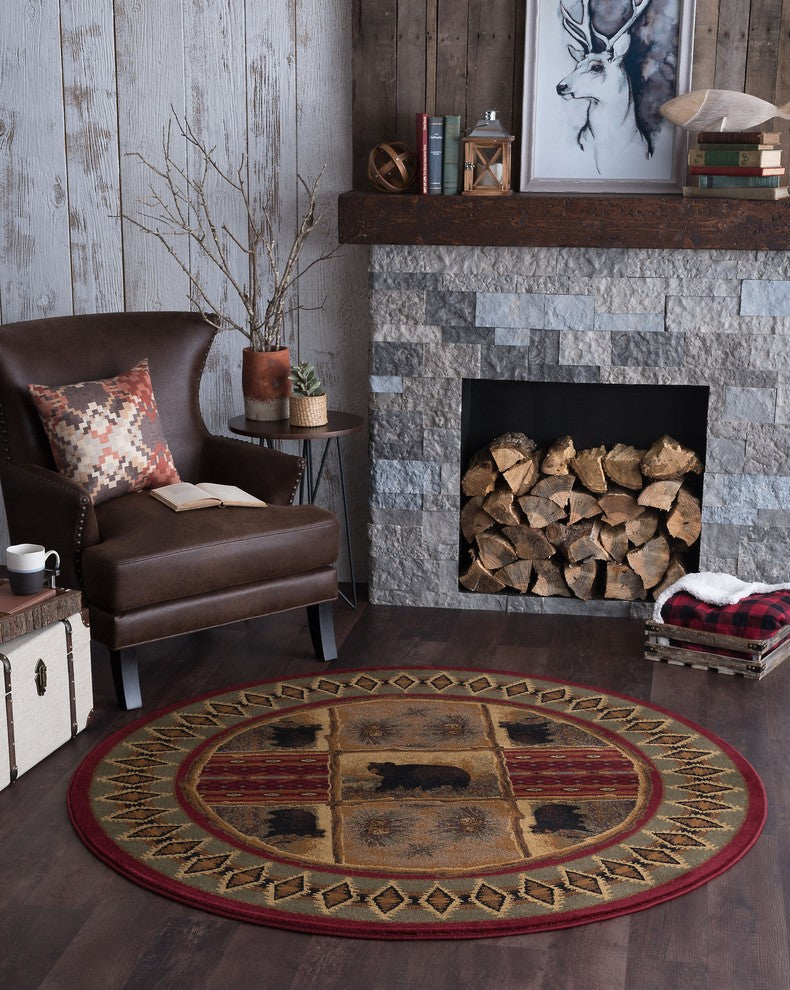 Sierra Bear Novelty Lodge Pattern Red Round Area Rug, 8' Round