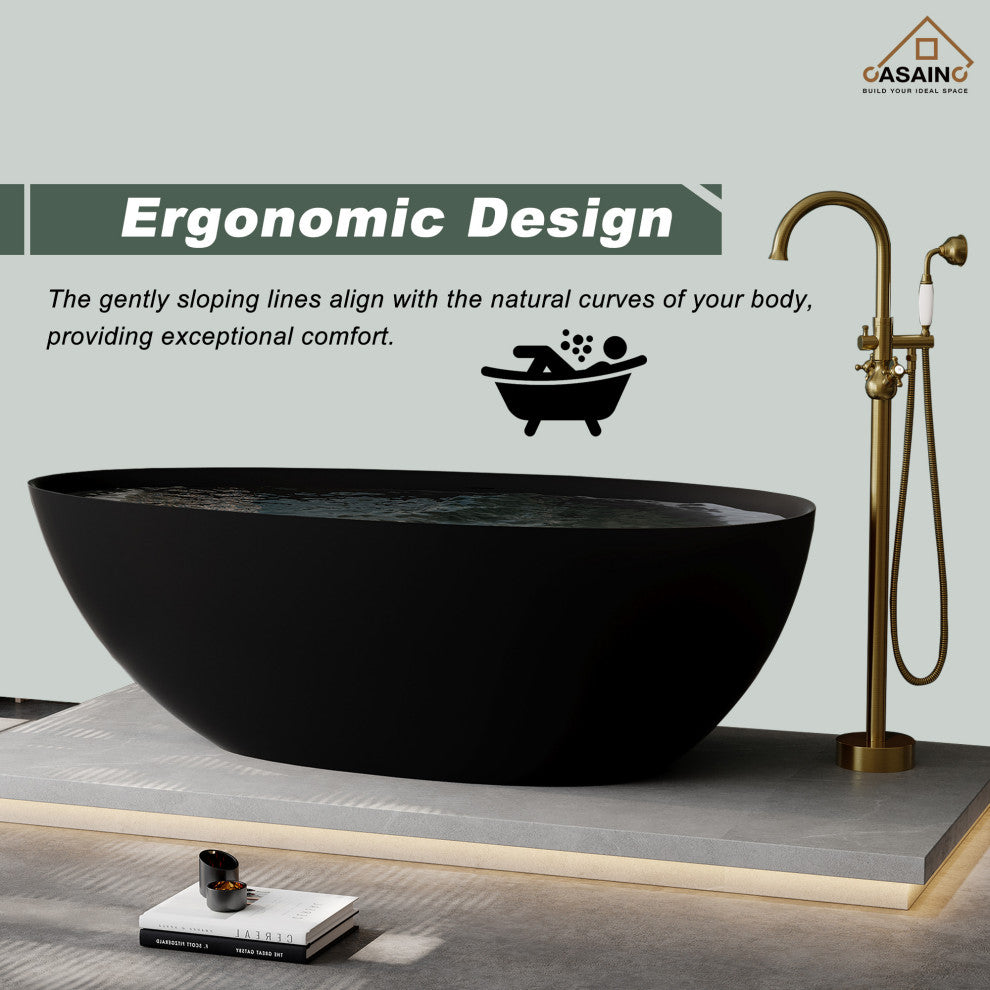 67in Solid Surface Freestanding Bathtub in Matte White, Matte Black