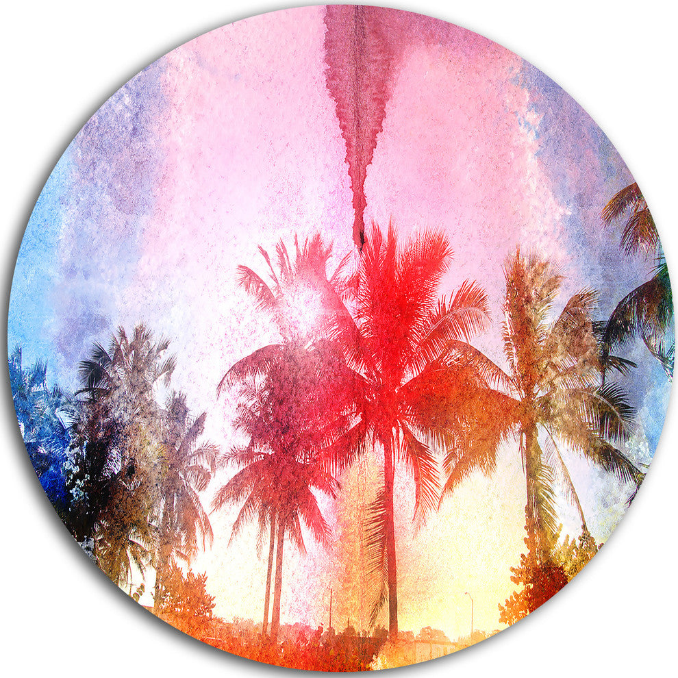 Retro Palm Trees Long View, Landscape Painting Disc Metal Wall Art, 23"