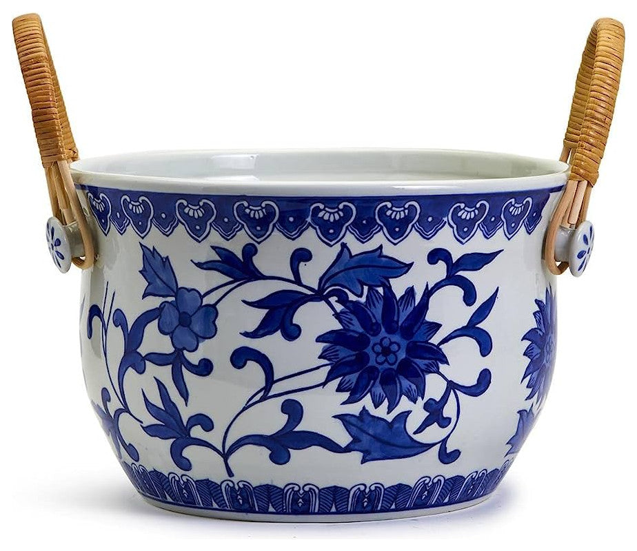 Two's Company Chinoiserie Blue and White Party Bucket with Bamboo Handles