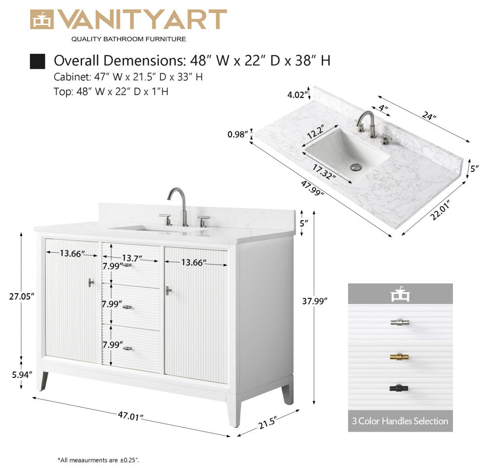 Vanity Art Bathroom Vanity with Engineered Marble Top and Sink, White, 48", Golden Brushed