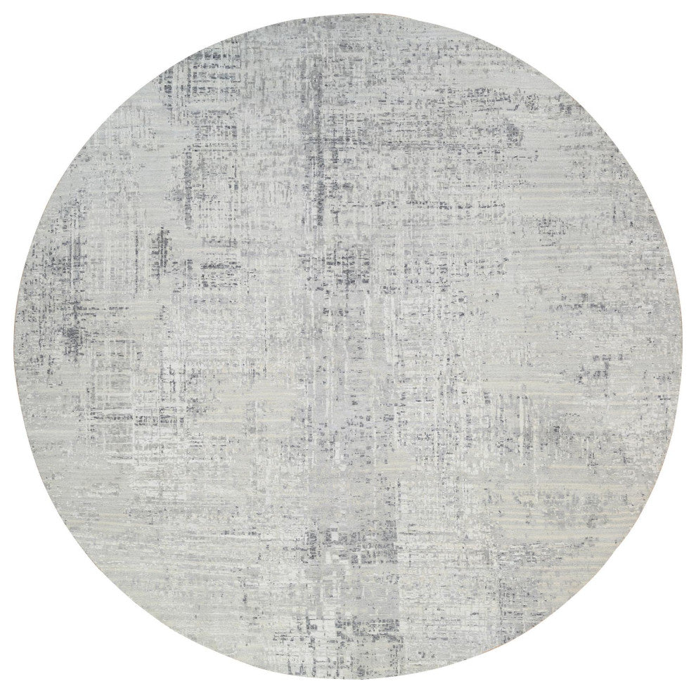 Gray Hand Knotted Modern Natural Wool Round Oriental Rug, 13'9"x13'9"