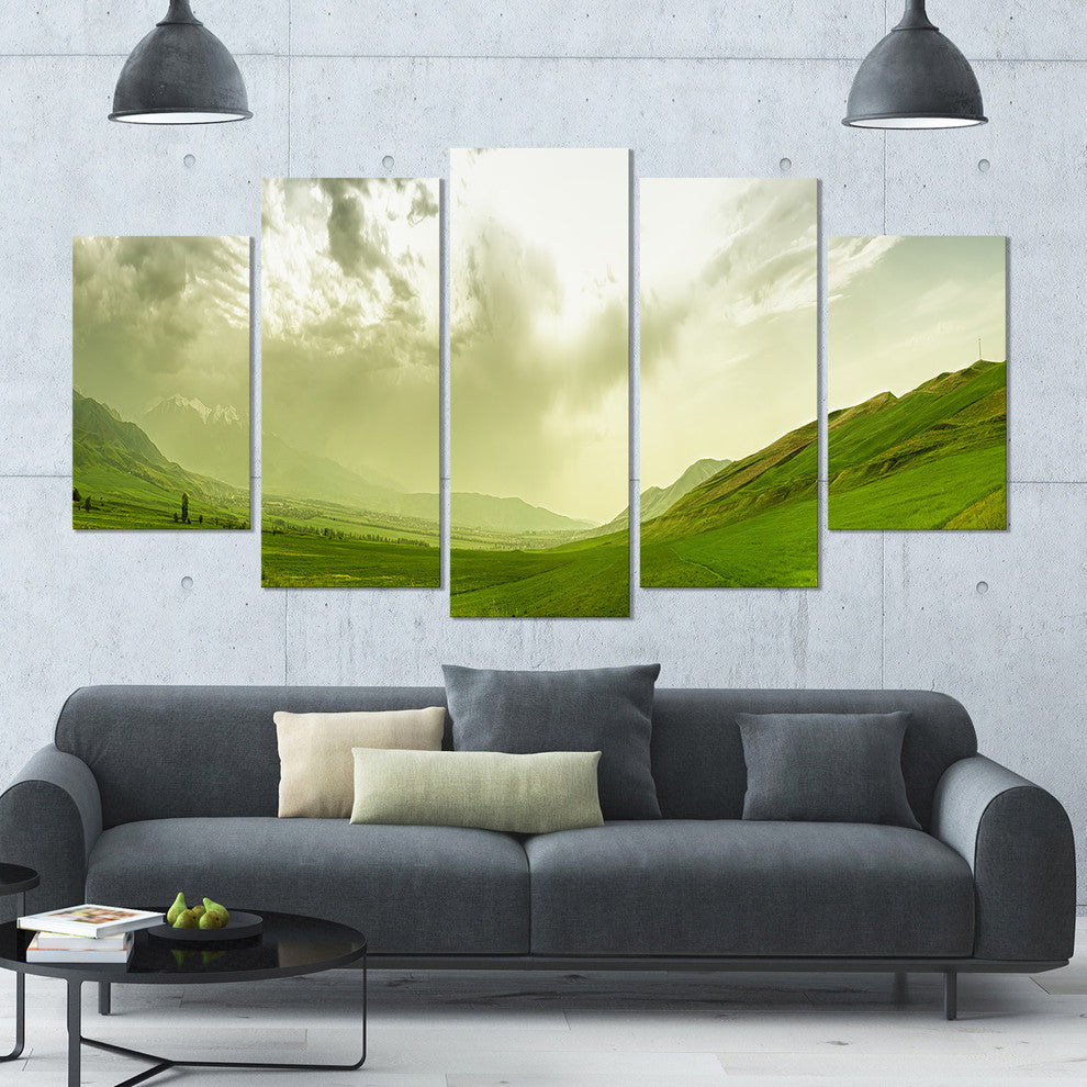 Meadow under Clouds Panorama, Landscape Canvas Art Print, 60"x32", 5 Panels