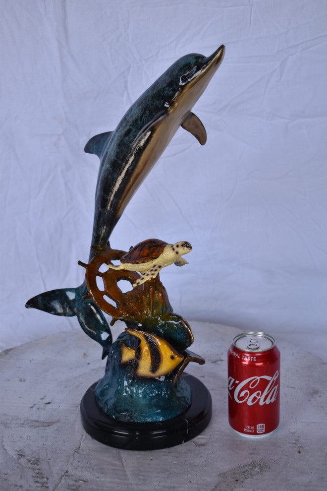Dolphin with A Turtle, Anchor and Fish Bronze Statue - Size: 6"L x 10"W x 19"H