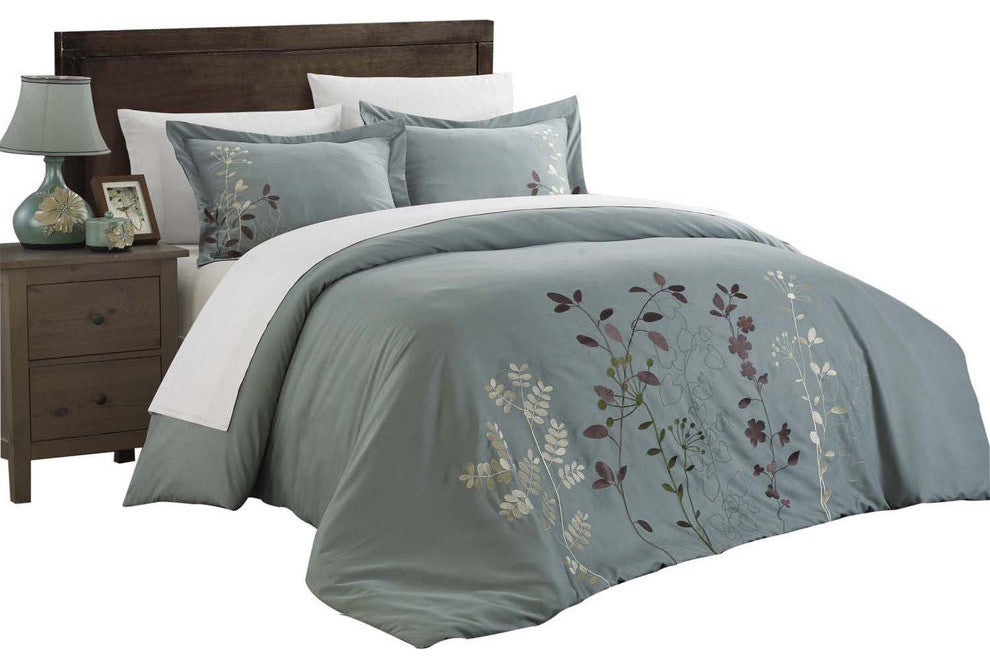 Kathy Kaylee Floral Embroidered 7-Piece Duvet Cover Set, Queen Green